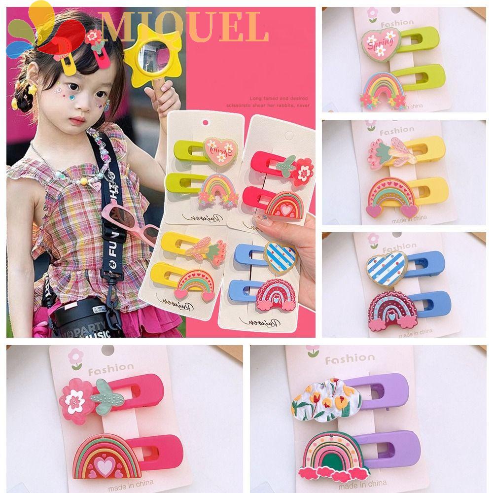 MIQUEL Bộ 2 Kẹp Tóc Bằng Acrylic Họa Tiết Hoạt Hình Trái Tim / Bông Hoa Màu Cầu Vồng Xinh Xắn Cho Bé Gái