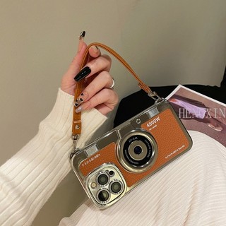 Creative and Personalized 3D Electroplated Camera Leather Hand Starp Phone Case Suitable for iPhone 15 Pro Max 11 14 13 12 Pro Max 14 Plus Shockproof Full Case