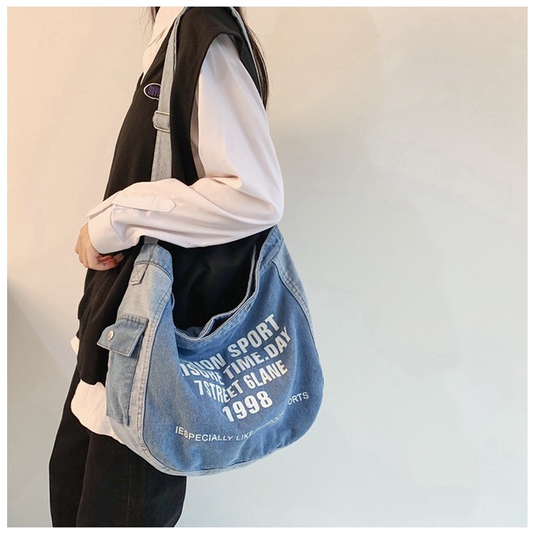 Túi Đeo Chéo Vải Denim Kích Thước Lớn Phong Cách Thời Trang Đường Phố Mới Cho Nam Và Nữ