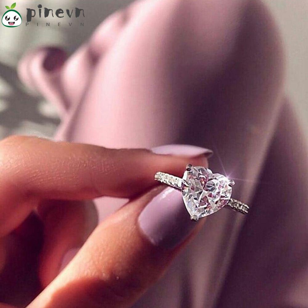 PINEVN Nhẫn Đính Đá Sapphire Trắng Hình Trái Tim Sang Trọng