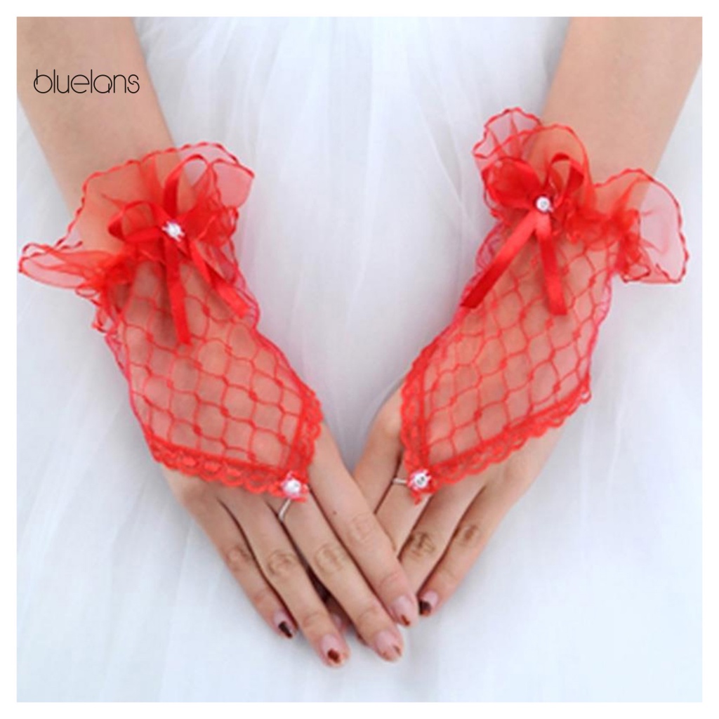 1 Đôi Găng Tay Ren Hở Ngón Đính Nơ Mềm Mại Phong Cách Vintage Cho Cô Dâu