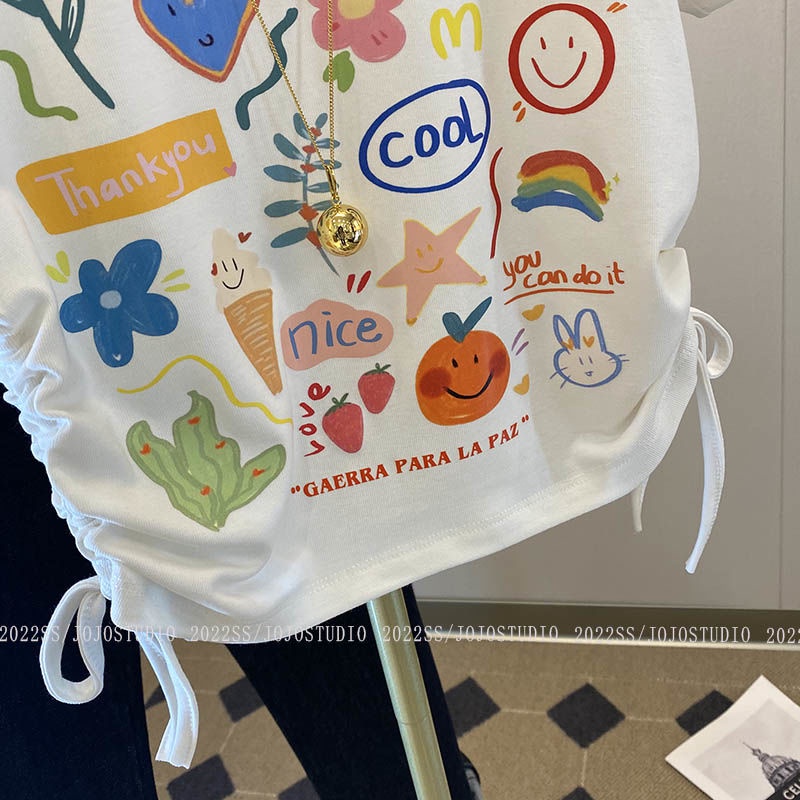 Áo Thun Tay Ngắn Phối Dây Rút In Họa Tiết Hoạt Hình Vui Nhộn Thời Trang Mùa Hè 2023 Cho Bé Gái