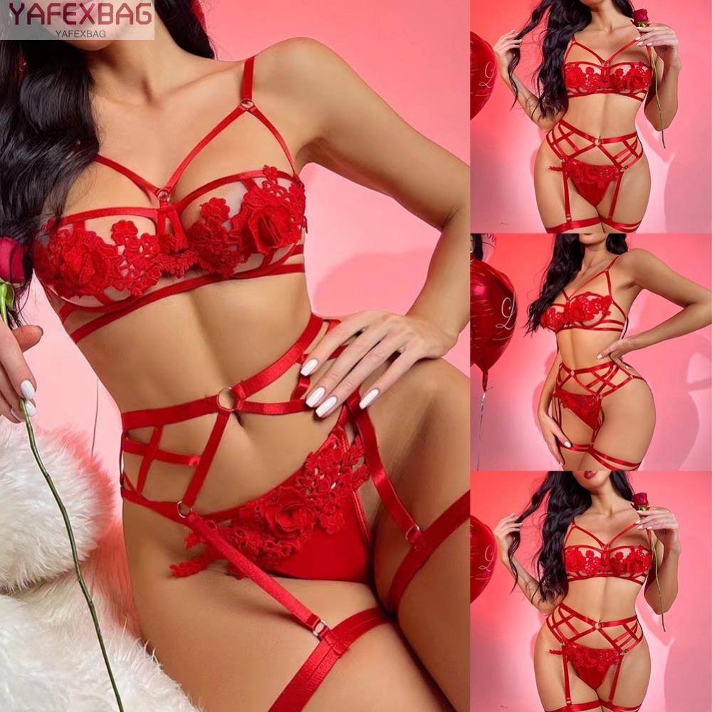 Women Lingerie SexyEmbroidery Applique Underwear Bra Panty Set with Garter
