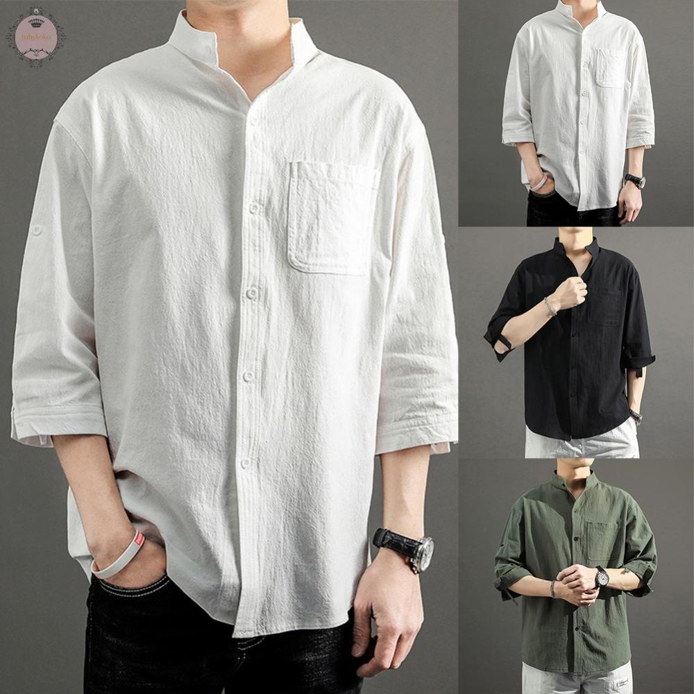 Linen Shirt Casual Fashionable Lapel Collar.Breathable Loose Fit Man Men