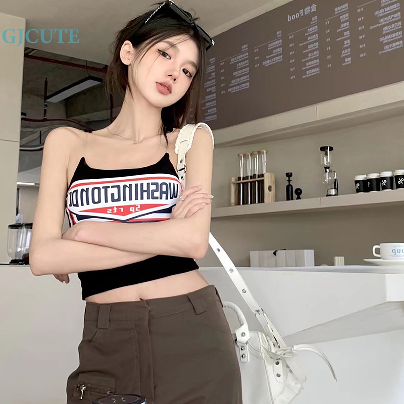 Áo Hai Dây Mỏng Mùa Hè In Chữ Phong Cách Retro Mỹ Cho Nữ