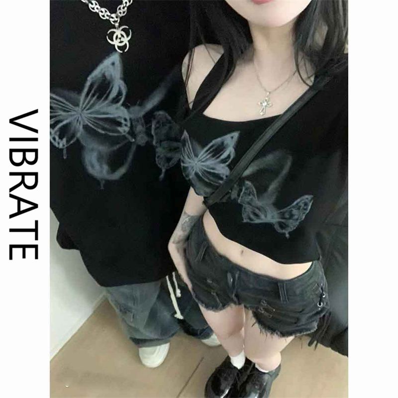 Áo Thun Tay Ngắn Hở Vai In Họa Tiết Bướm Phong Cách Retro Dành Cho Nữ