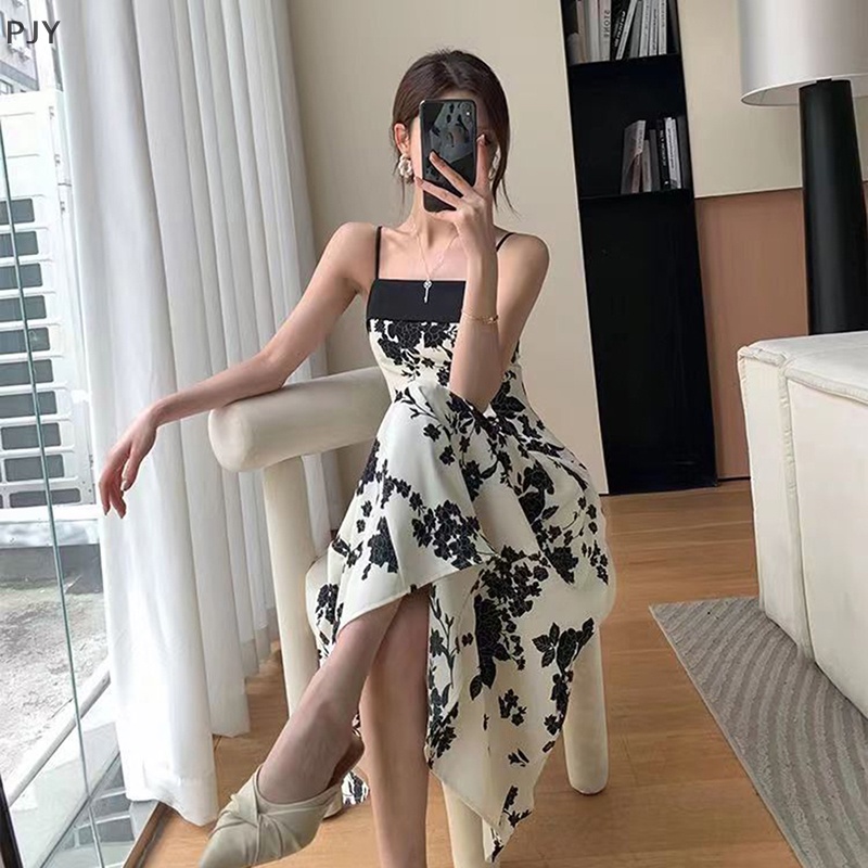 Đầm Midi Hai Dây Dáng Chữ A In Hoa Thời Trang Cho Bạn Gái PJ