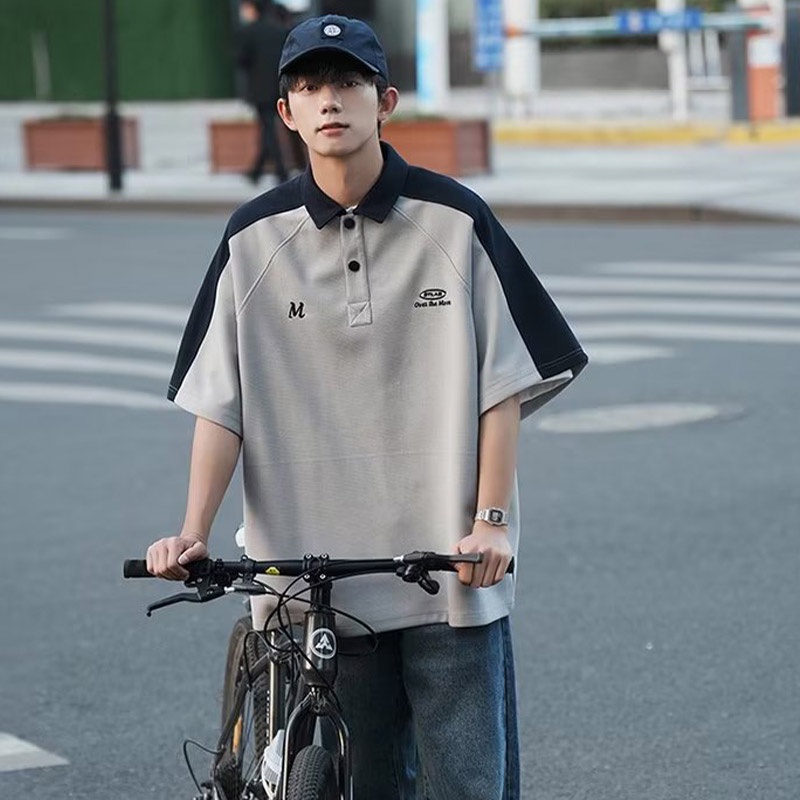 Áo polo Ngắn Tay Dáng Rộng Phối Màu Tương Phản Thời Trang Mùa Hè Cho Nam