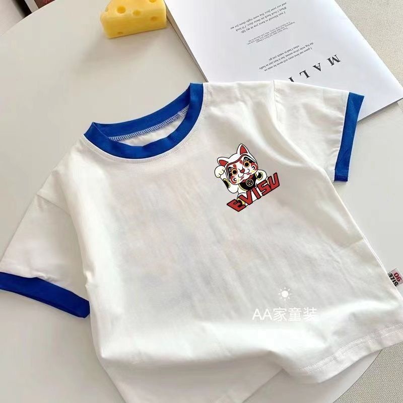 Áo Thun Cotton Ngắn Tay In Hoạt Hình Màu Tương Phản Thời Trang Mùa Hè 2023 Cho Bé