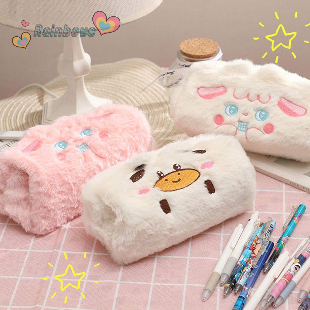 RAINBOW Túi Đựng Bút Bằng Vải Bạt Phối Lông Hình Dạng Dễ Thương