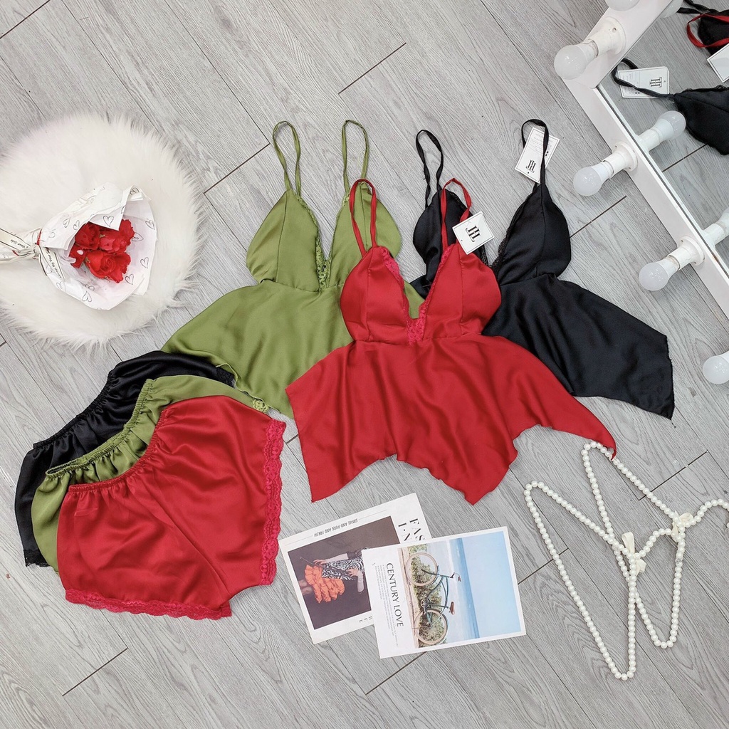 Set Bộ Sexy Xẻ Ngực Hai Dây Vải Satin Thiết Kế Loại 1 Dày Xịn MịnFreesize Dưới 60kg