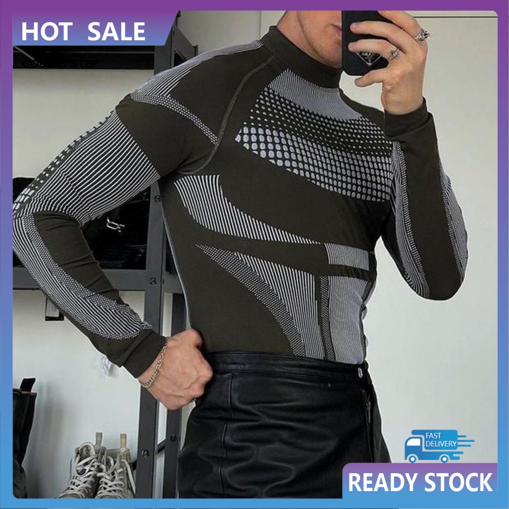 Áo Thun Tay Dài Cổ Cao Họa Tiết Kẻ Sọc Màu Sắc Tương Phản Thời Trang Mùa Đông Cho Nam