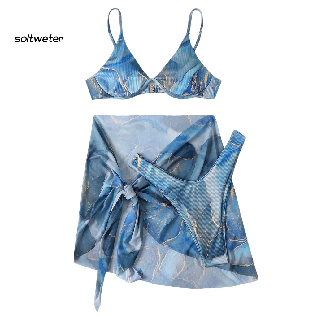 Bộ Đồ Bơi Bikini 3 Món Gồm Áo Cổ Chữ V In Họa Tiết Cẩm Thạch + Chân Váy Lưng Cao + Áo Hai Dây Nâng Ngực Gợi Cảm Cho Nữ