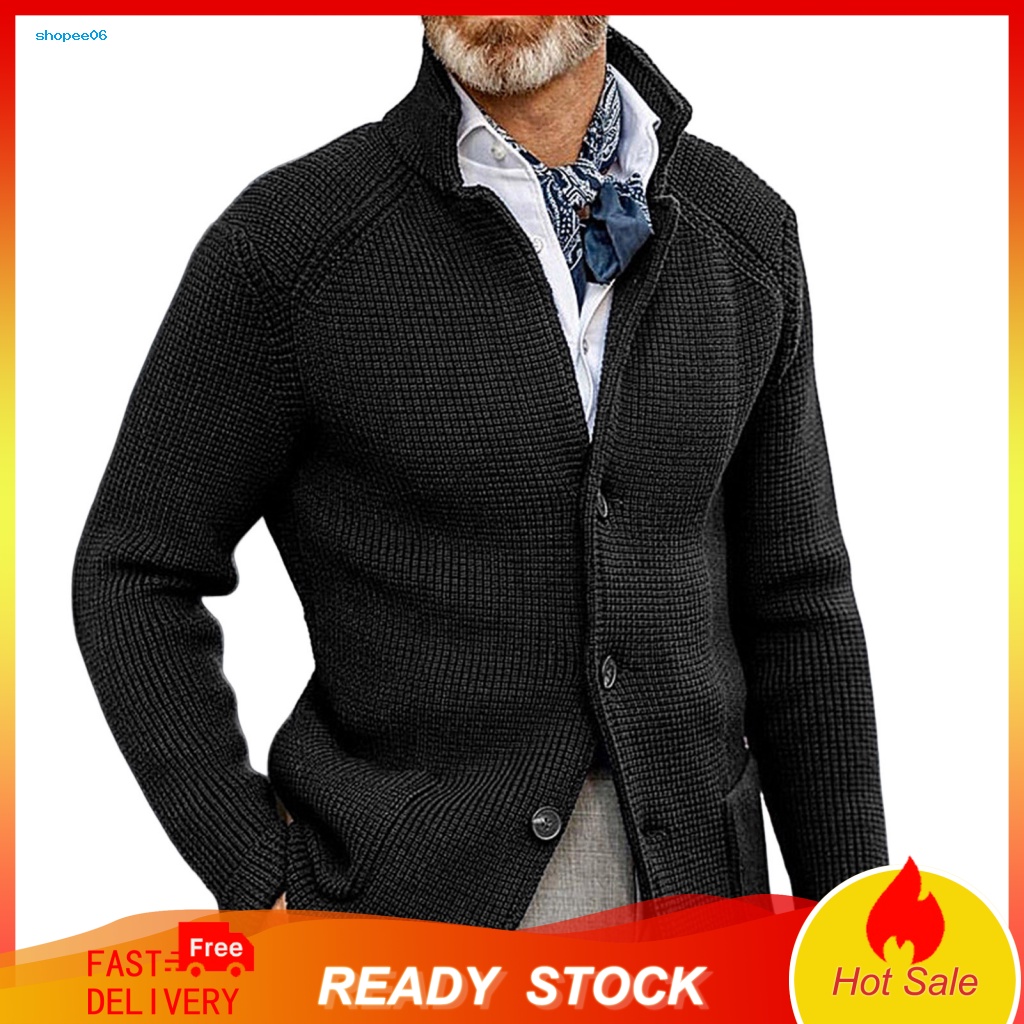Áo Khoác Dệt Kim Tay Dài Cổ Đứng Dày Dặn Màu Trơn Cài Nút Thời Trang Thu Đông Cho Nam