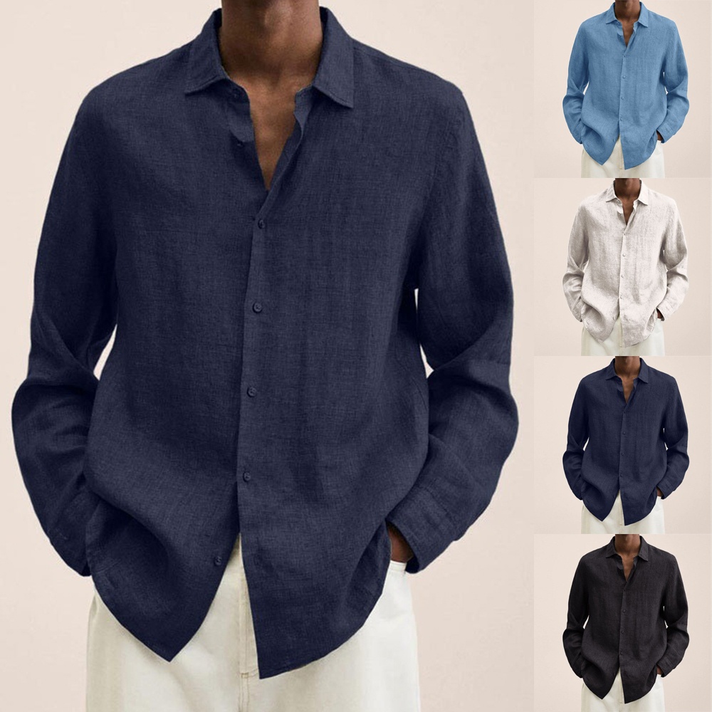 Áo Sơ Mi Cotton Lanh Dài Tay Dáng Rộng Màu Trơn Cài Nút Thời Trang Cho Nam