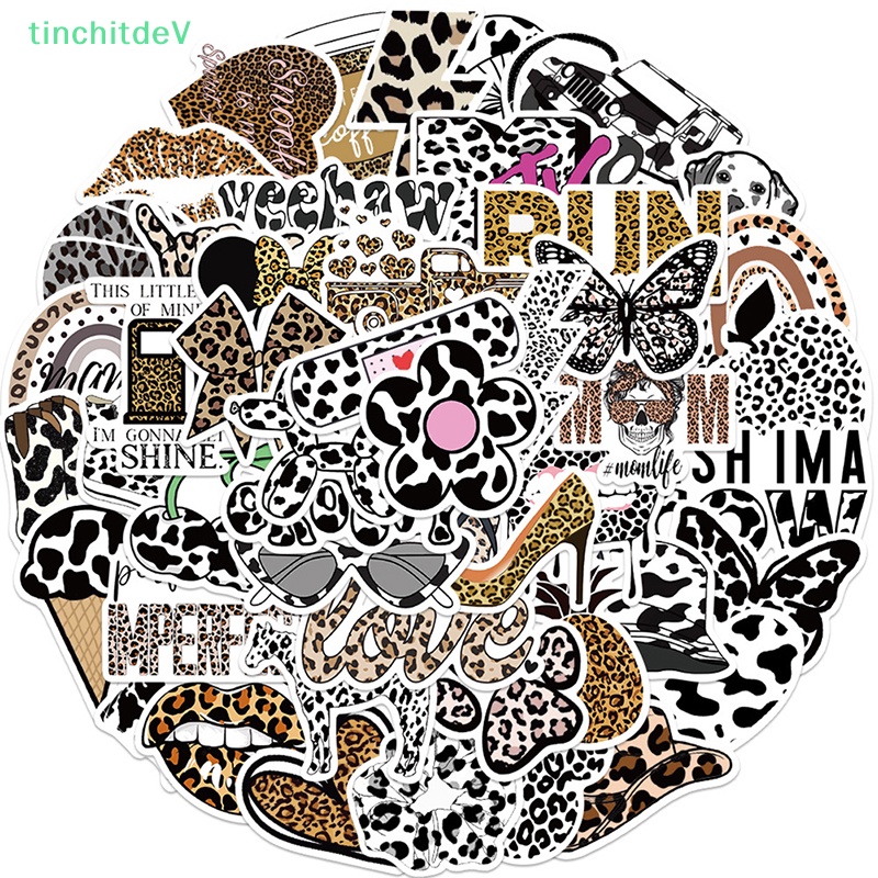 Bộ 50 Miếng Dán Trang Trí Xe Hơi / Vali / Laptop / Điện Thoại Họa Tiết Da Báo Kiểu Retro DIY