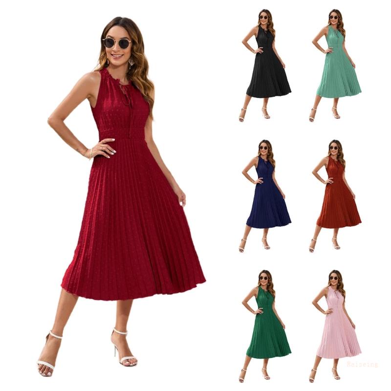 Đầm Midi Không Tay Cổ Tròn Nhún Bèo Màu Sắc Đơn Giản Thời Trang Cho Nữ