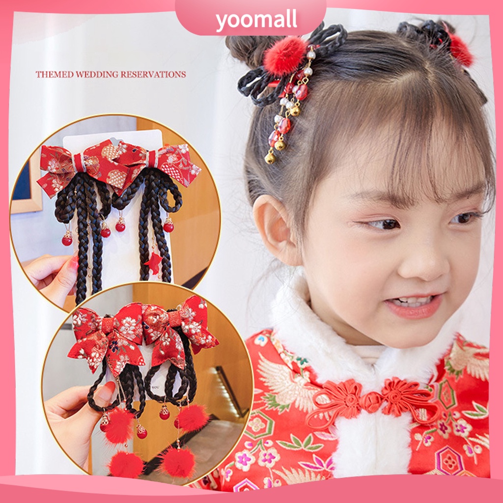 1 Cặp Kẹp Tóc Giả Đính Nơ Tua Rua Phong Cách Trung Hoa Ngọt Ngào Cho Bé Gái