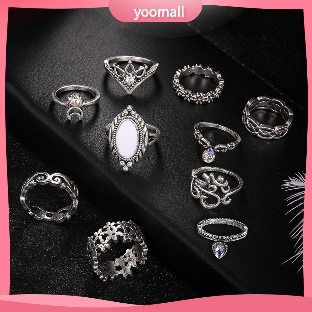 Set 10 Nhẫn Đốt Ngón Tay Đính Đá Opal Phong Cách Retro