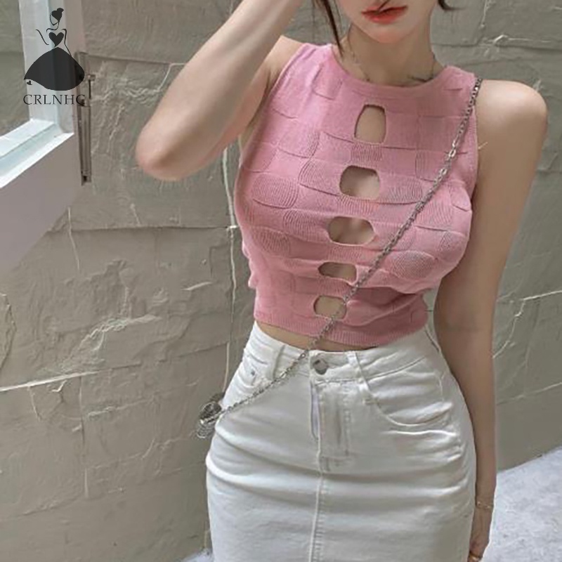 Áo Croptop Dệt Kim Sát Nách Cổ Tròn Dáng Ôm Khoét Lỗ Thời Trang Mùa Hè Quyến Rũ Cho Nữ
