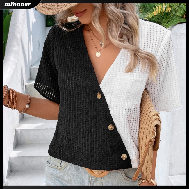 Áo Dệt Kim Tay Ngắn Cổ Chữ V Màu Sắc Tương Phản Thời Trang Cho Nữ