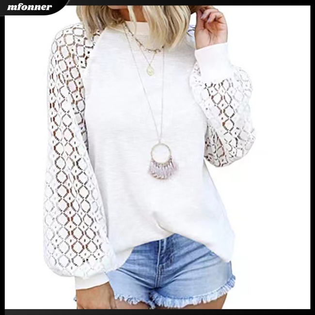 Áo Kiểu Tay Dài Phồng Phối Ren Lỗ Màu Sắc Trơn Thời Trang Cho Nữ