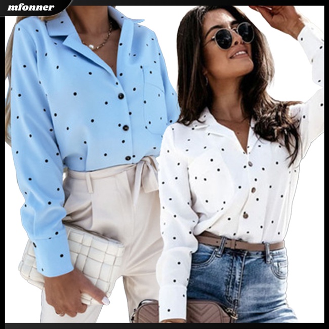 Áo Sơ Mi Tay Dài Họa Tiết Chấm Bi Có Túi Cho Nữ