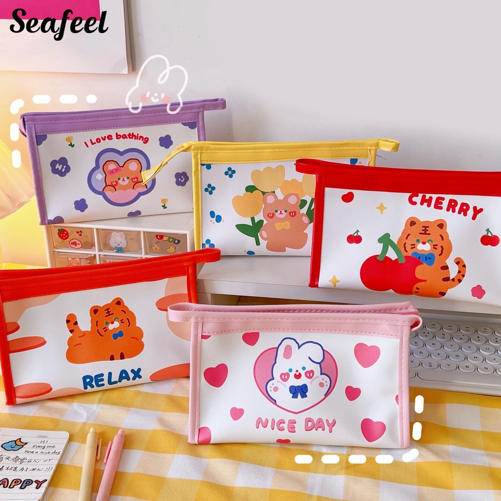 Bóp Viết Giả Da Sức Chứa Lớn Có Khóa Kéo In Họa Tiết Hoạt Hình Màu Sắc Sống Động Trang Trí Trường Học