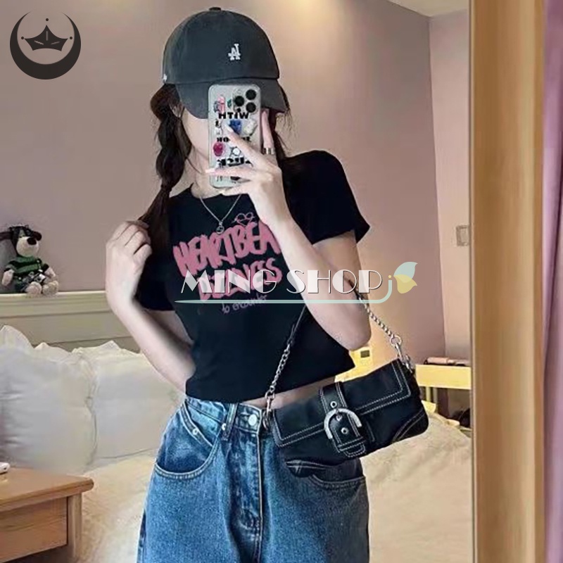 Áo Thun Lửng Tay Ngắn Cổ Tròn In Chữ Thời Trang Dành Cho Nữ