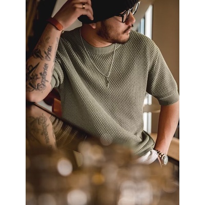 Áo Thun Lụa Lạnh Dệt Kim Tay Lửng Cổ Tròn Ba Chiều Phong Cách Retro Mỹ Giản Dị Dành Cho Nam