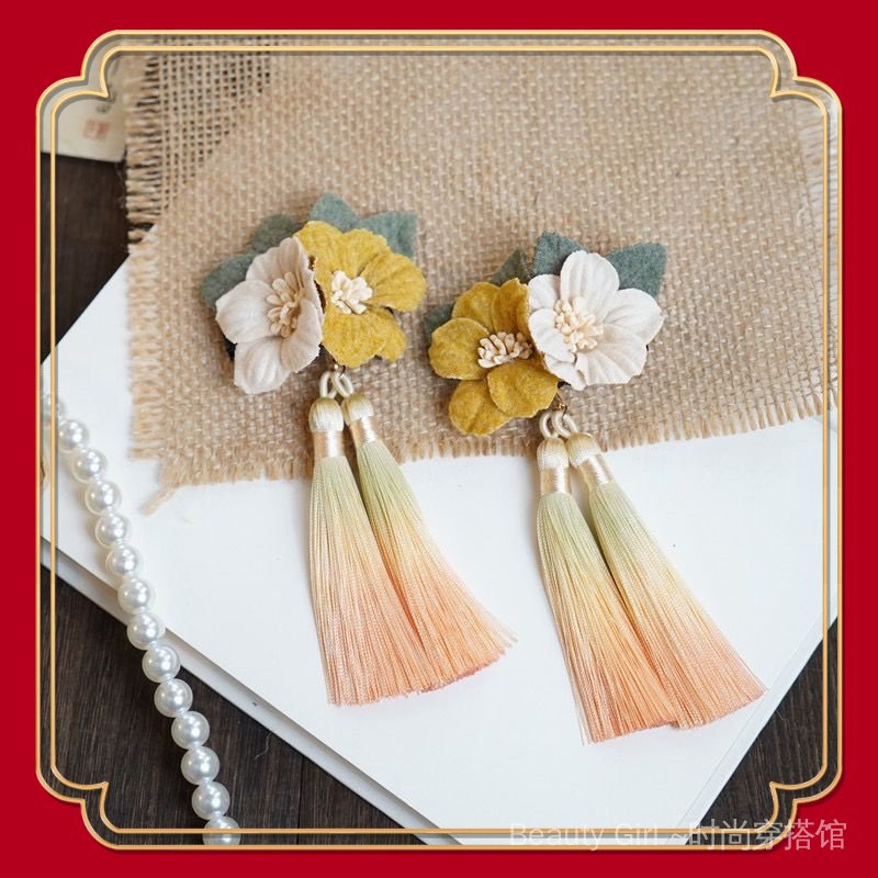 {Hàng Mới Về!} Hàng Mới Về!}Kẹp Tóc Hình Hoa Vải Nhung Phối Tua Rua Phong Cách Cổ Điển Cho Nữ