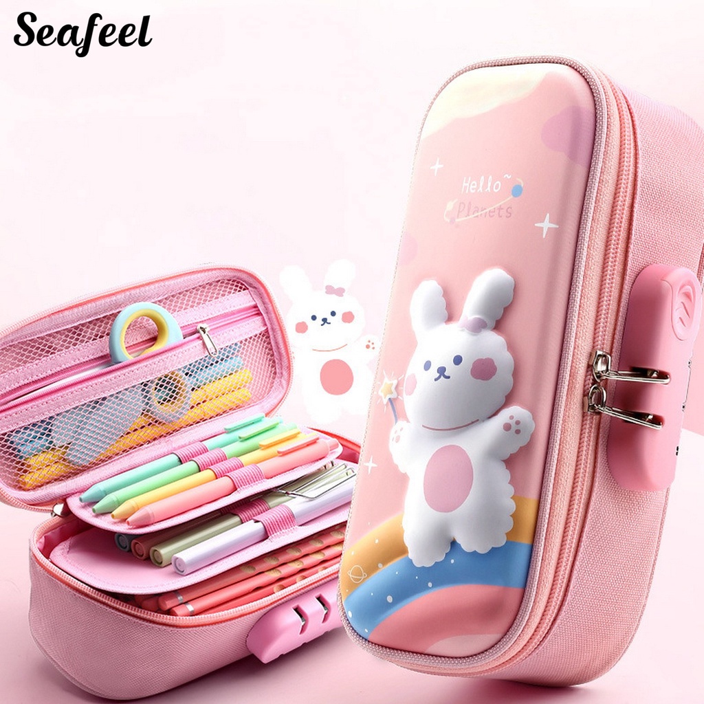 Túi Đựng Bút Chì Hai Lớp Thiết Kế Khóa Kéo Kép In Hình Thỏ 3D Dễ Thương Tiết Kiệm Không Gian Có Tay Cầm Sử Dụng Hàng Ngày