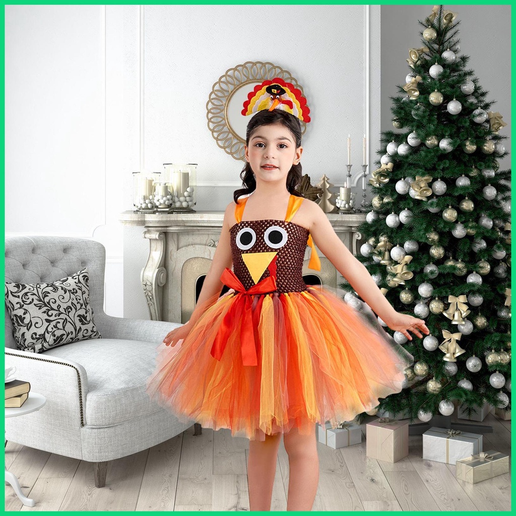 Đầm Xòe Tutu Mềm Mại Thoáng Khí Hóa Trang Lễ Tạ Ơn Gà Tây Đính Nơ Cho Bé Gái