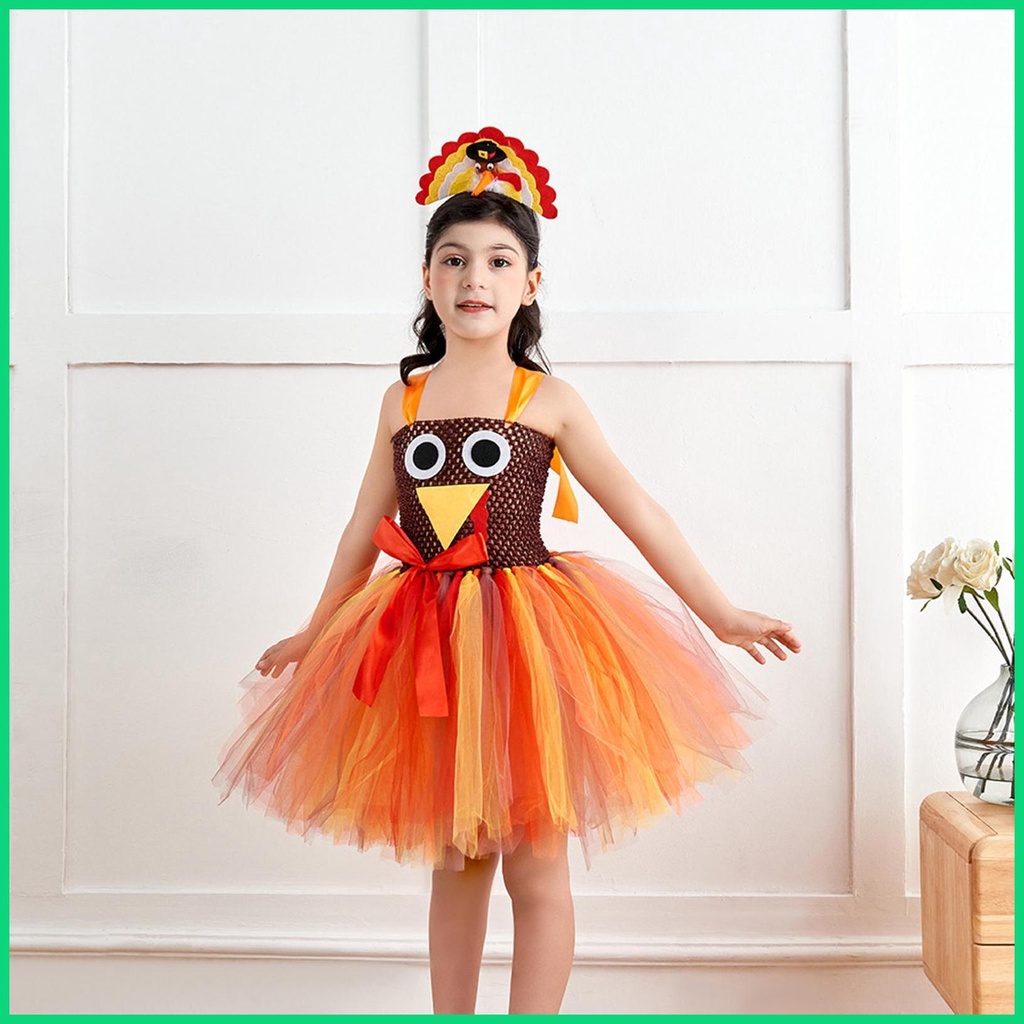 Đầm Xòe Tutu Mềm Mại Thoáng Khí Hóa Trang Lễ Tạ Ơn Gà Tây Đính Nơ Cho Bé Gái