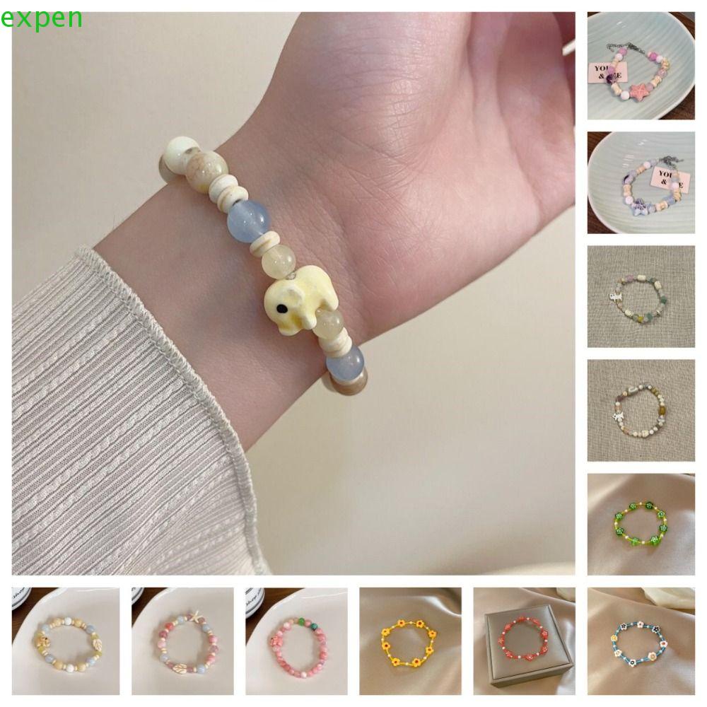 Vòng Tay Chuỗi Hạt Gốm Sứ Họa Tiết Hoa / Voi / Mắt Mèo Phong Cách Hàn Quốc Thời Trang