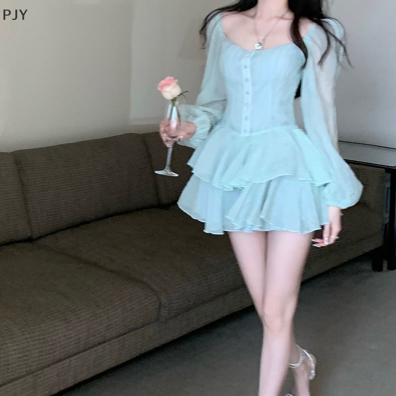Đầm Chiffon Mini Xếp Ly Tay Phồng Ngọt Ngào Thanh Lịch Phong Cách Hàn Quốc Cho Nữ PJ