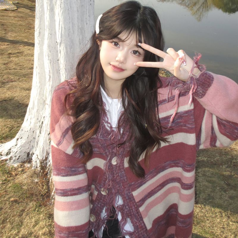 Áo Khoác Cardigan Dệt Kim Kẻ Sọc Phối Tua Rua Thời Trang Hàn Quốc Mới Cho Nữ
