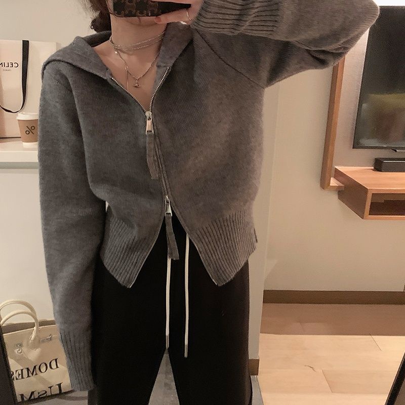 Áo Khoác Cardigan Dệt Kim Dáng Ngắn Có Mũ Trùm Thời Trang