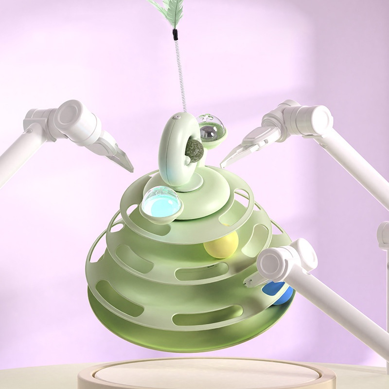 Đồ Chơi Tháp Banh Alien Có Đèn Nhấp Nháy Kèm Cây Lông Vũ &amp; Quả Bóng Catnip Xoay Tròn Vui Nhộn Cho Mèo MiluPaPa