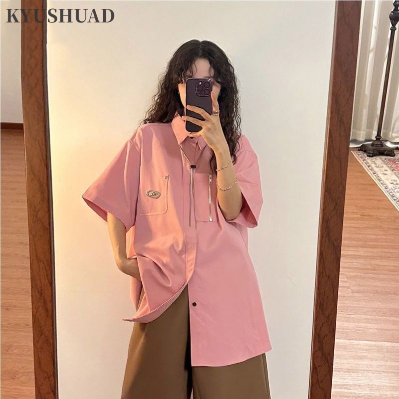 Áo khoác KYUSHUAD kiểu sơ mi tay ngắn dáng rộng phối khóa kéo đơn giản thời trang cho nam