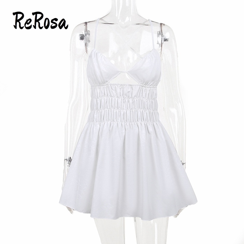 Rerosa Đầm Mini Hai Dây Cổ Khoét Sâu Xếp Ly Màu Trơn Mẫu Mới 2023 Phong Cách Retro Cho Nữ