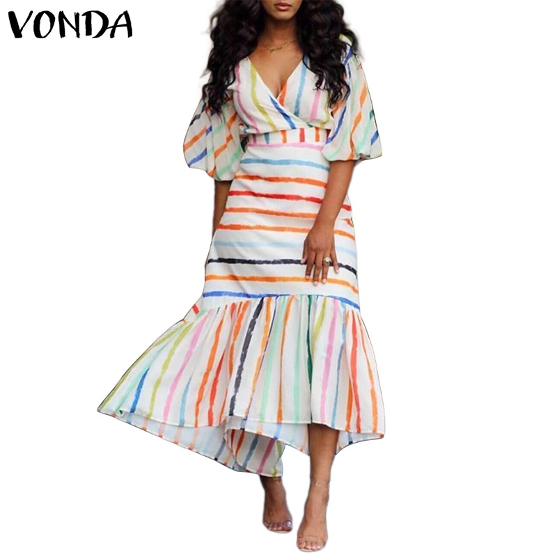 Đầm Tay Ngắn Phồng Cổ Chữ V Họa Tiết Kẻ Sọc Cầu Vồng Phong Cách Vintage Dành Cho Nữ