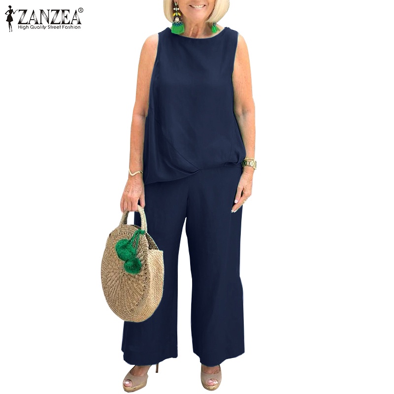 Zanzea Bộ Áo Tank Top Sát Nách Phối Quần Dài Lưng Thun Màu Trơn Kiểu Vintage Thời Trang