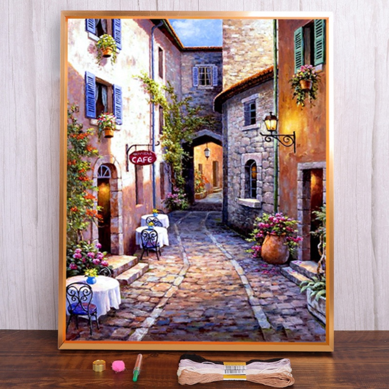Bộ Tranh Thêu Chữ Thập Đính Đá DIY Hình Thị Trấn Biển Châu Âu