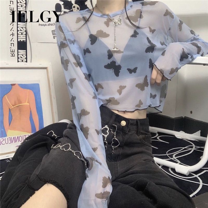 IELGY Áo Thun Lưới Chống Nắng Tay Dài Phong Cách Harajuku Hàn Quốc Cho Nữ