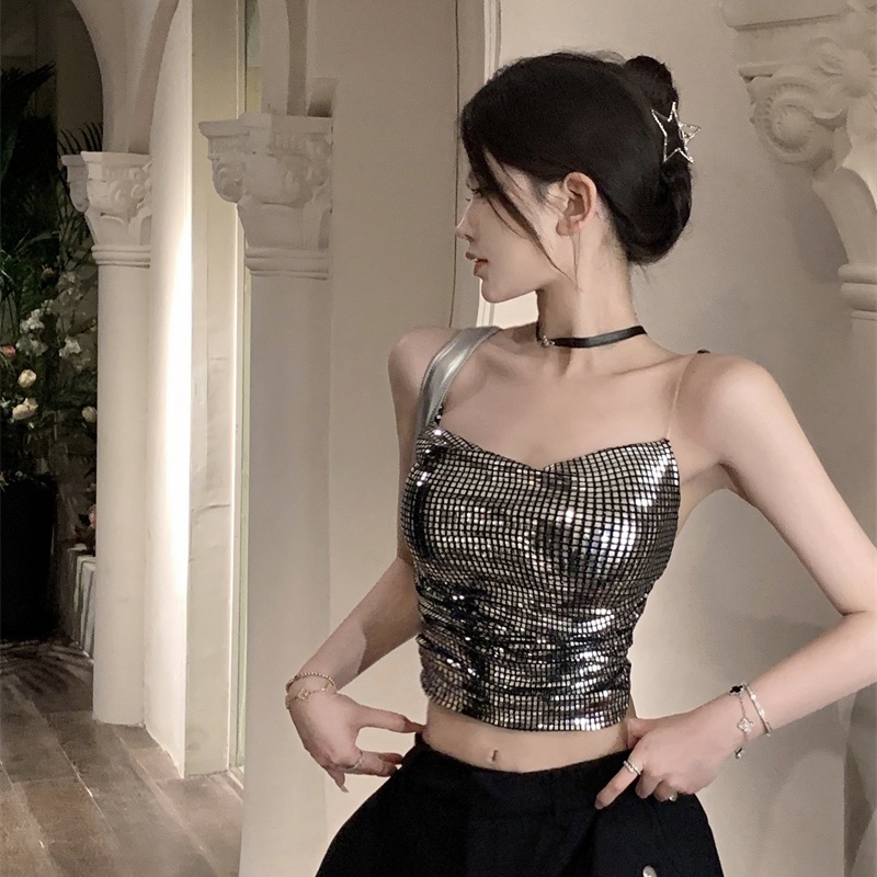 Sexy Lấp Lánh Nổi Bật Cô Gái Nóng Bỏng Áo Vest Ngắn Ôm Eo Phong Cách Quyến Rũ