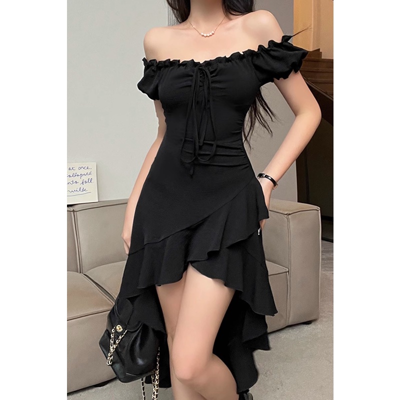 Đầm Ngắn Tay Trễ Vai Xếp Ly Nhún Bèo Màu Đen Trơn Thời Trang Cho Nữ