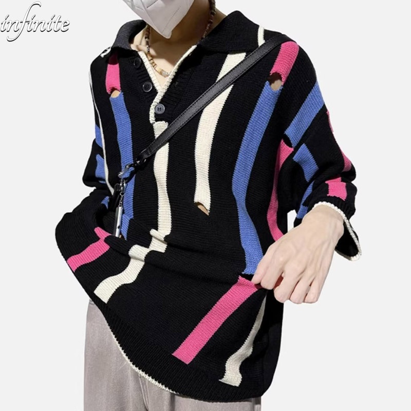 Áo POLO Dệt Kim Dáng Rộng Phối Màu Tương Phản Thời Trang Đường Phố Mỹ Cho Nam