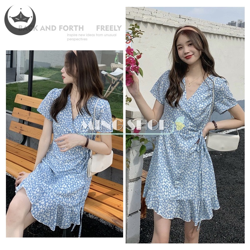 Đầm Tay Ngắn Cổ Chữ V In Họa Tiết Hoa Phong Cách Hàn Quốc Ngọt Ngào Thời Trang Mùa Hè Cho Nữ