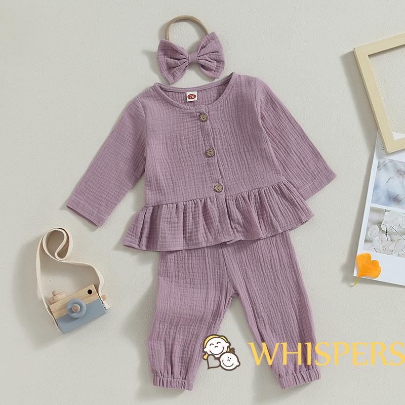 Bộ Áo Sơ Mi Tay Dài Cài Khuy + Quần Dài + Băng Đô Cài Tóc Xinh Xắn Cho Bé Gái 0-3 Tuổi